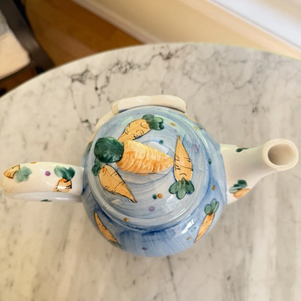 Vintage 90s Ceramic Easter Bunny Rabbit & Carrot Teapot with Lid Collectible‎